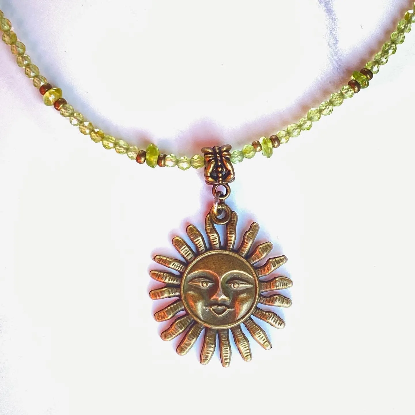 Peridot gemstone beaded necklace with brass Sun pendant necklace