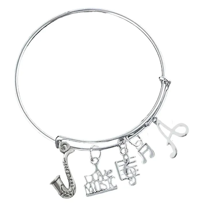 Personalized Saxophone Charm Bangle Bracelet with Birthstone