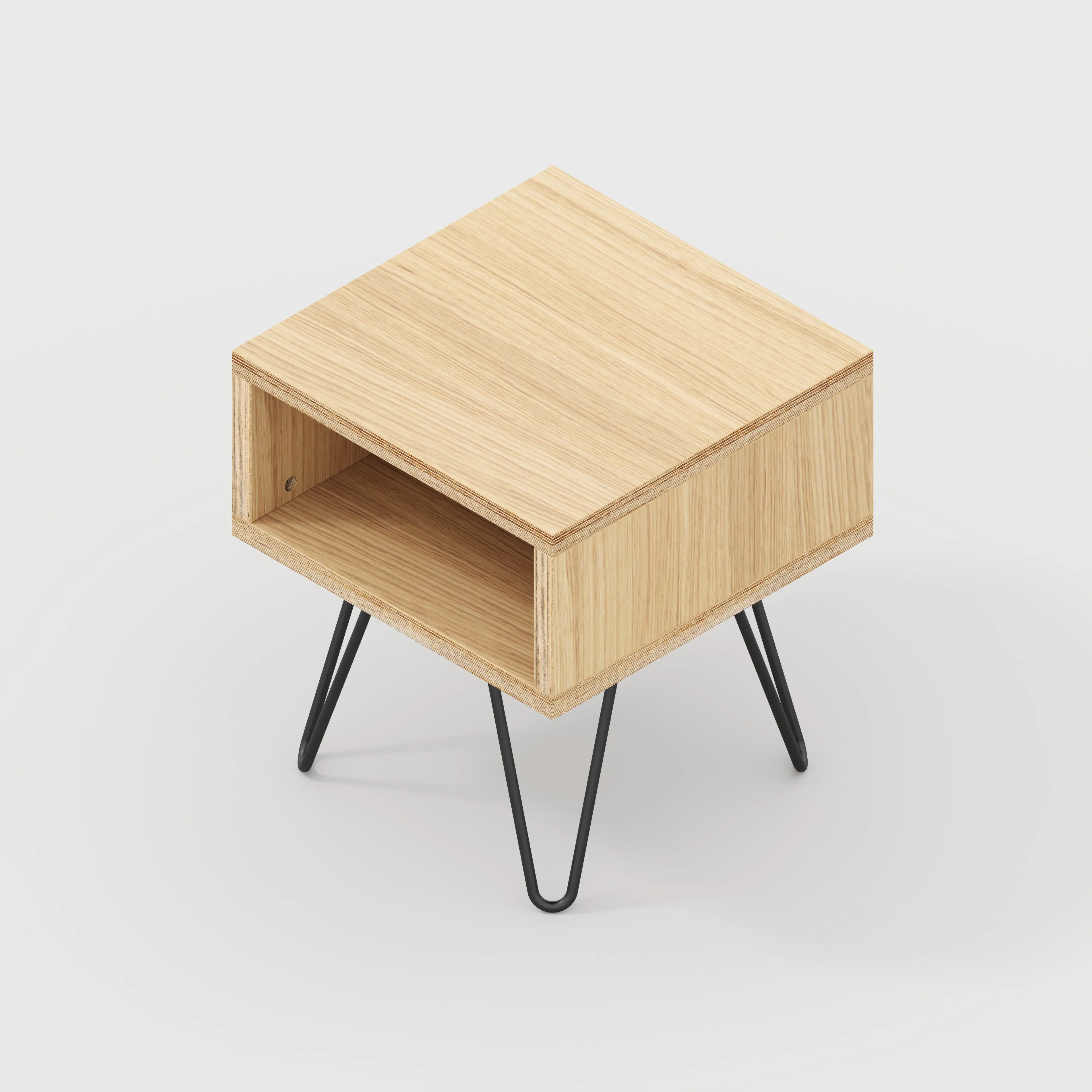 Plywood Bedside Table with Box Storage and Black Hairpin Legs - Plywood Oak - 400(w) x 400(d) x 450(h)