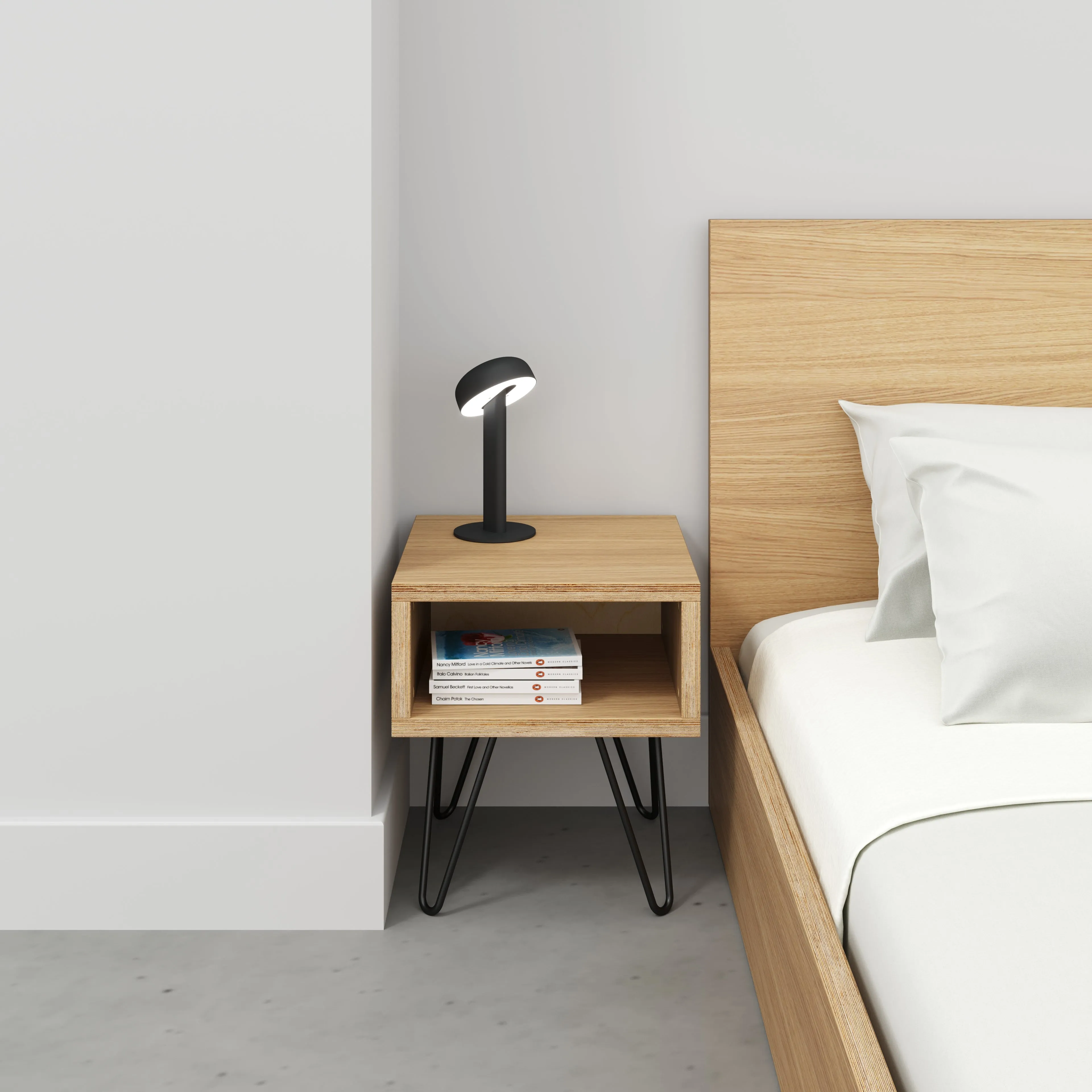 Plywood Bedside Table with Box Storage and Black Hairpin Legs - Plywood Oak - 400(w) x 400(d) x 450(h)