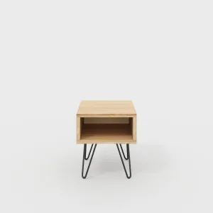 Plywood Bedside Table with Box Storage and Black Hairpin Legs - Plywood Oak - 400(w) x 400(d) x 450(h)