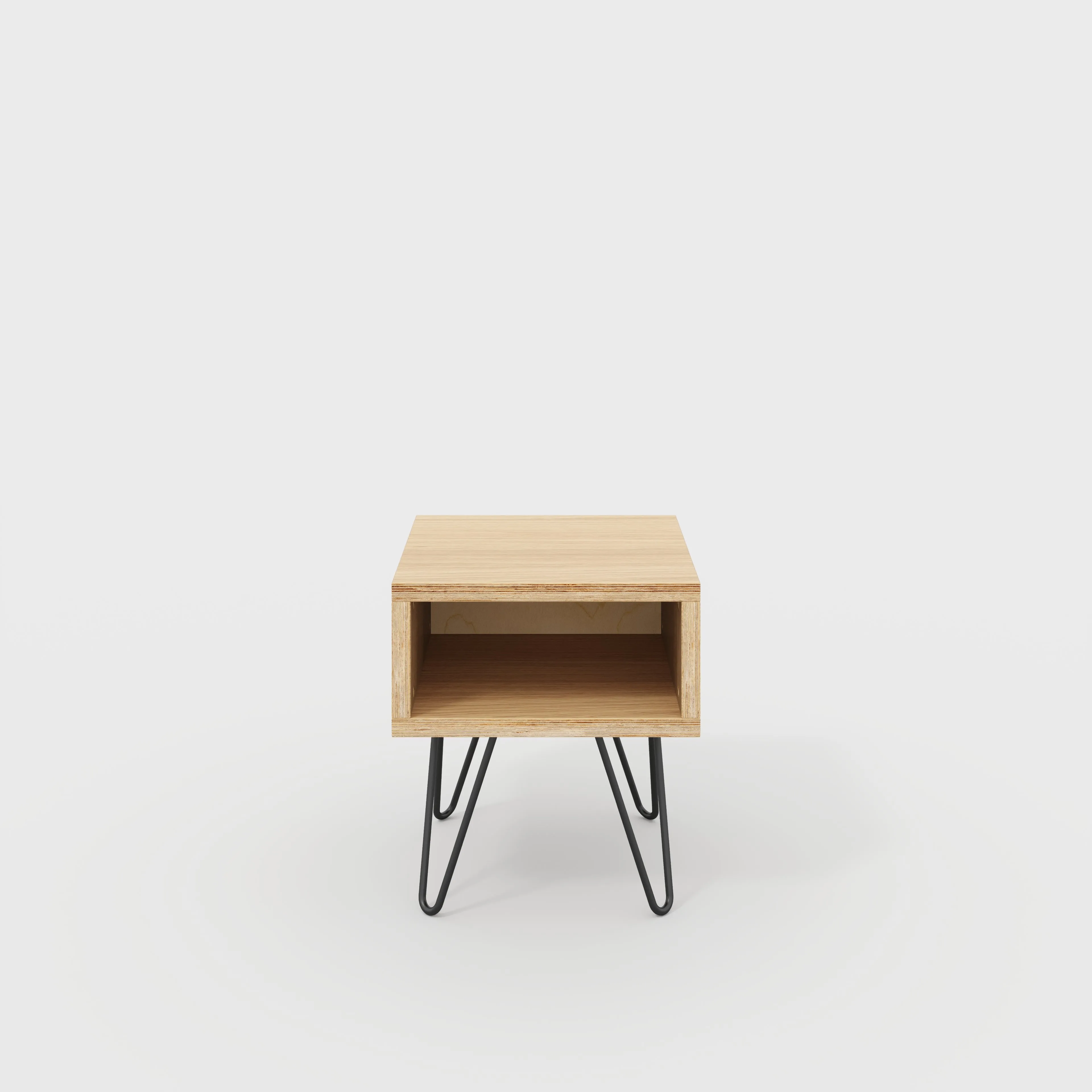 Plywood Bedside Table with Box Storage and Black Hairpin Legs - Plywood Oak - 400(w) x 400(d) x 450(h)