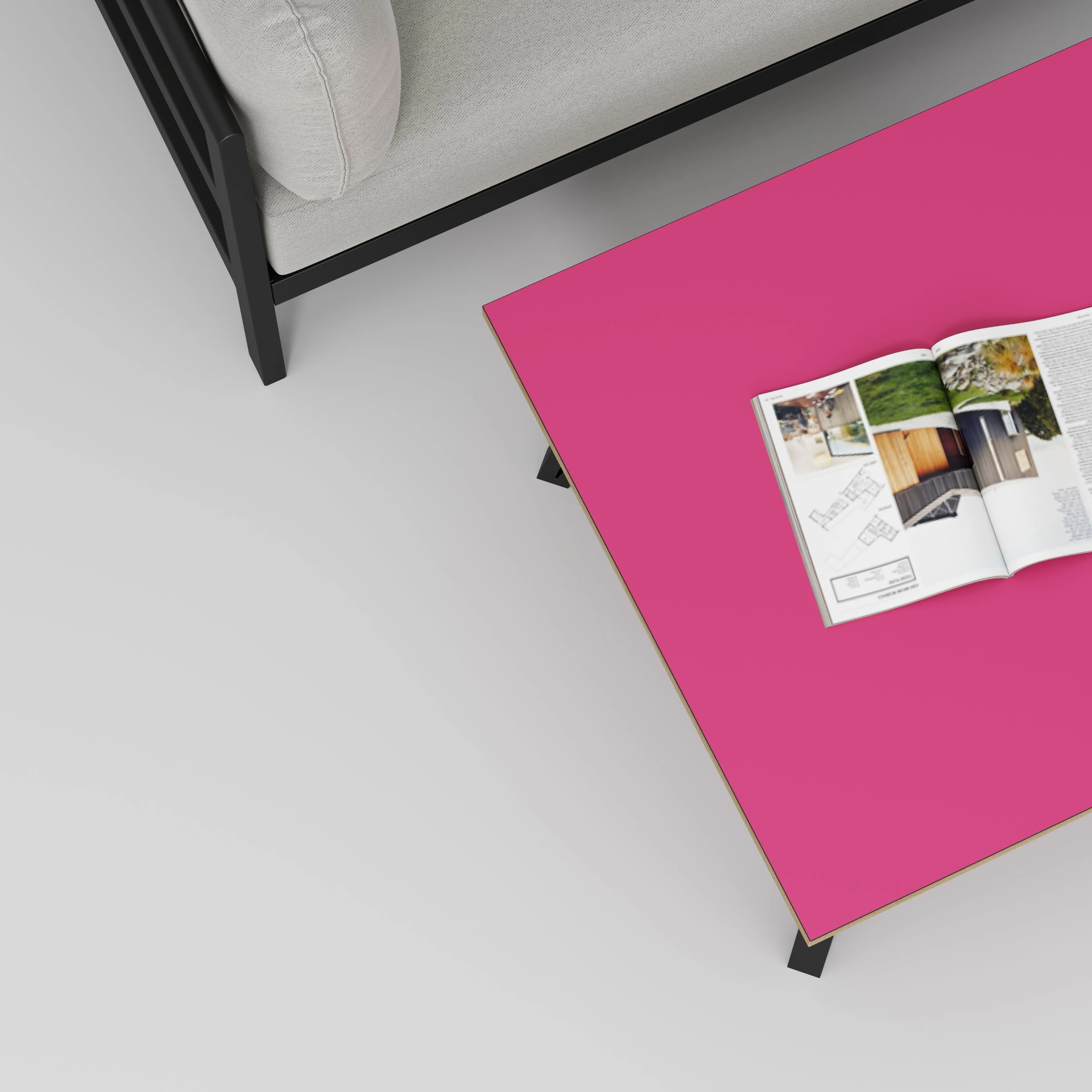 Plywood Coffee Table with Black Box Hairpin Legs - Formica Juicy Pink - 800(w) x 800(d) x 425(h)