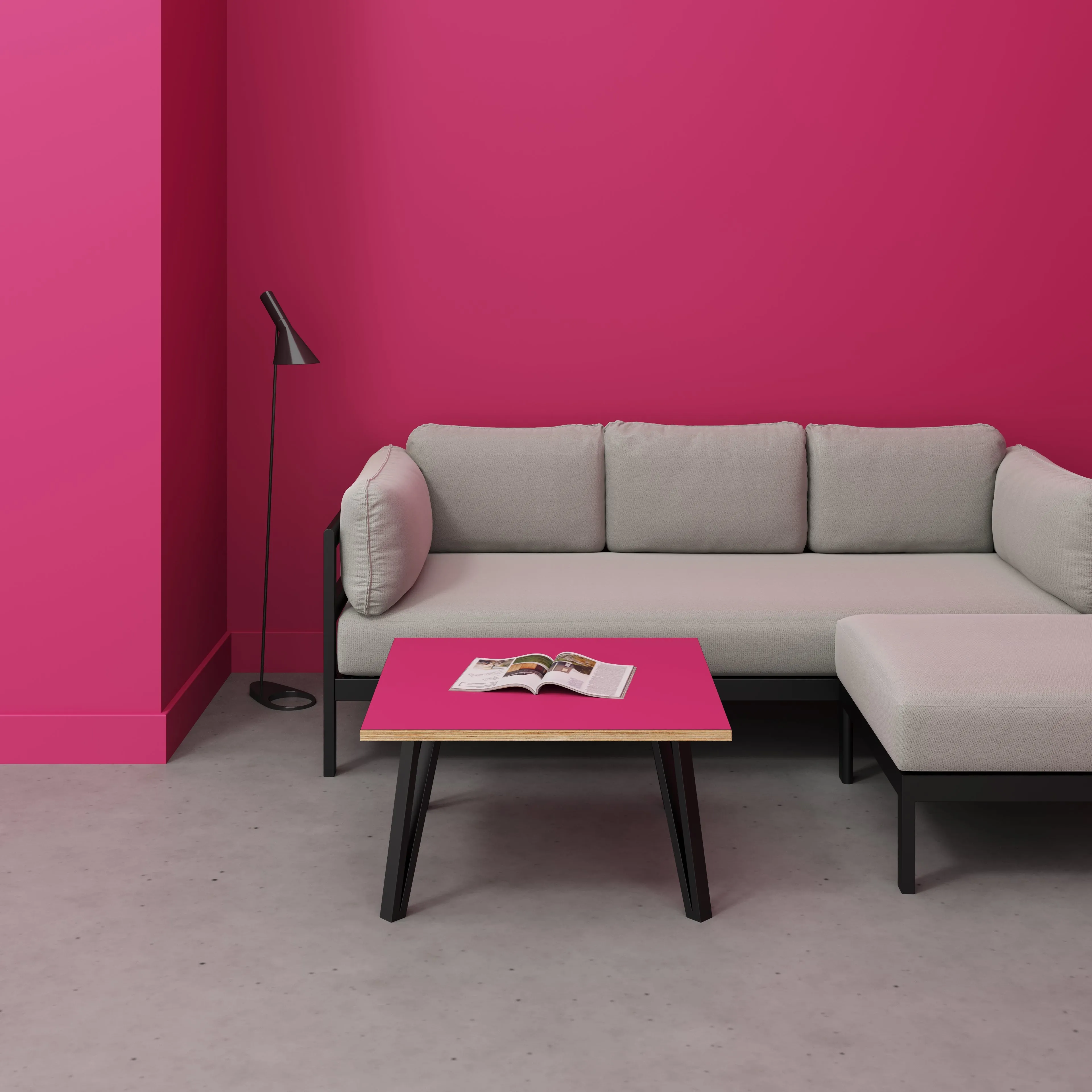 Plywood Coffee Table with Black Box Hairpin Legs - Formica Juicy Pink - 800(w) x 800(d) x 425(h)