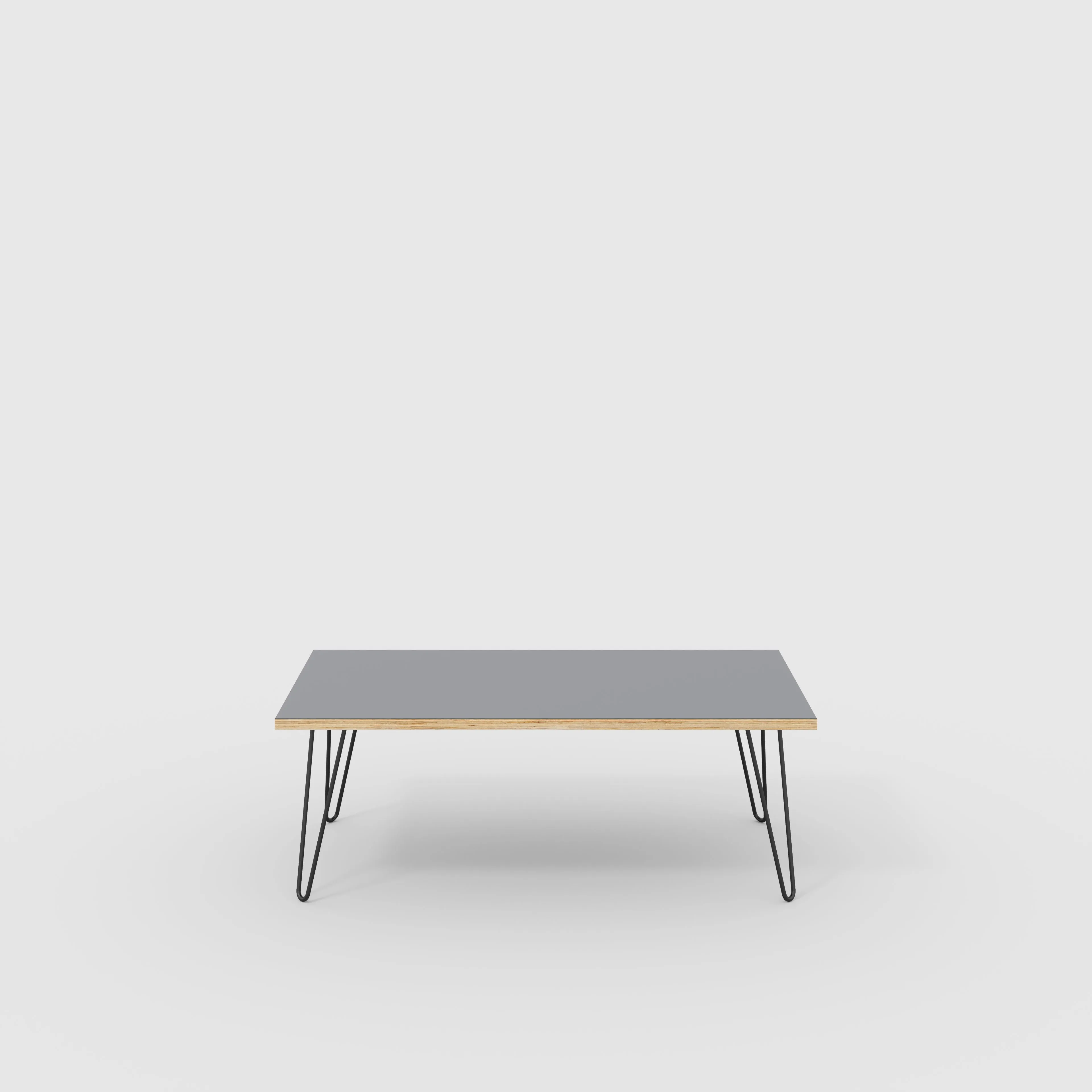 Plywood Coffee Table with Black Hairpin Legs - Formica Tornado Grey - 1200(w) x 600(d) x 425(h)