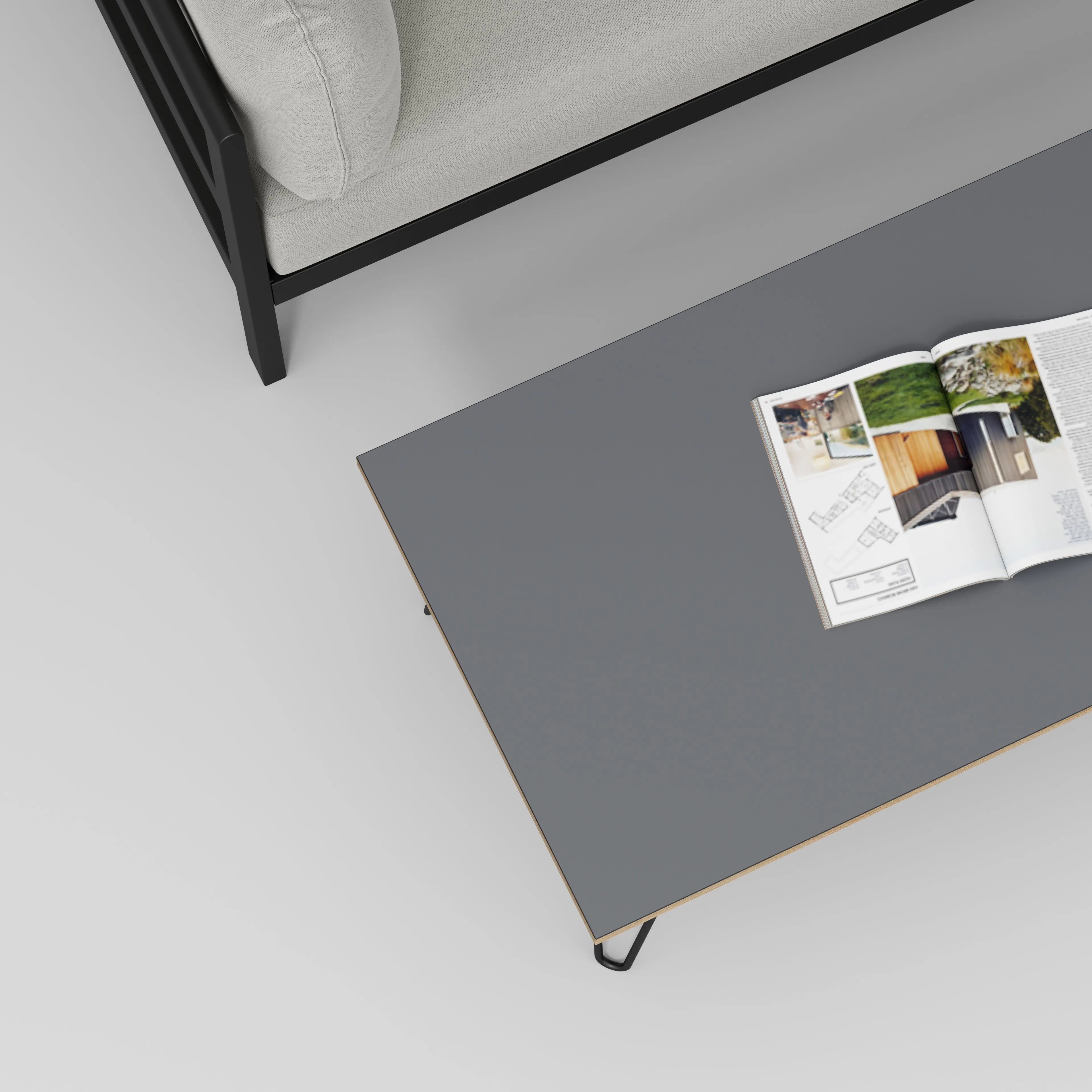 Plywood Coffee Table with Black Hairpin Legs - Formica Tornado Grey - 1200(w) x 600(d) x 425(h)