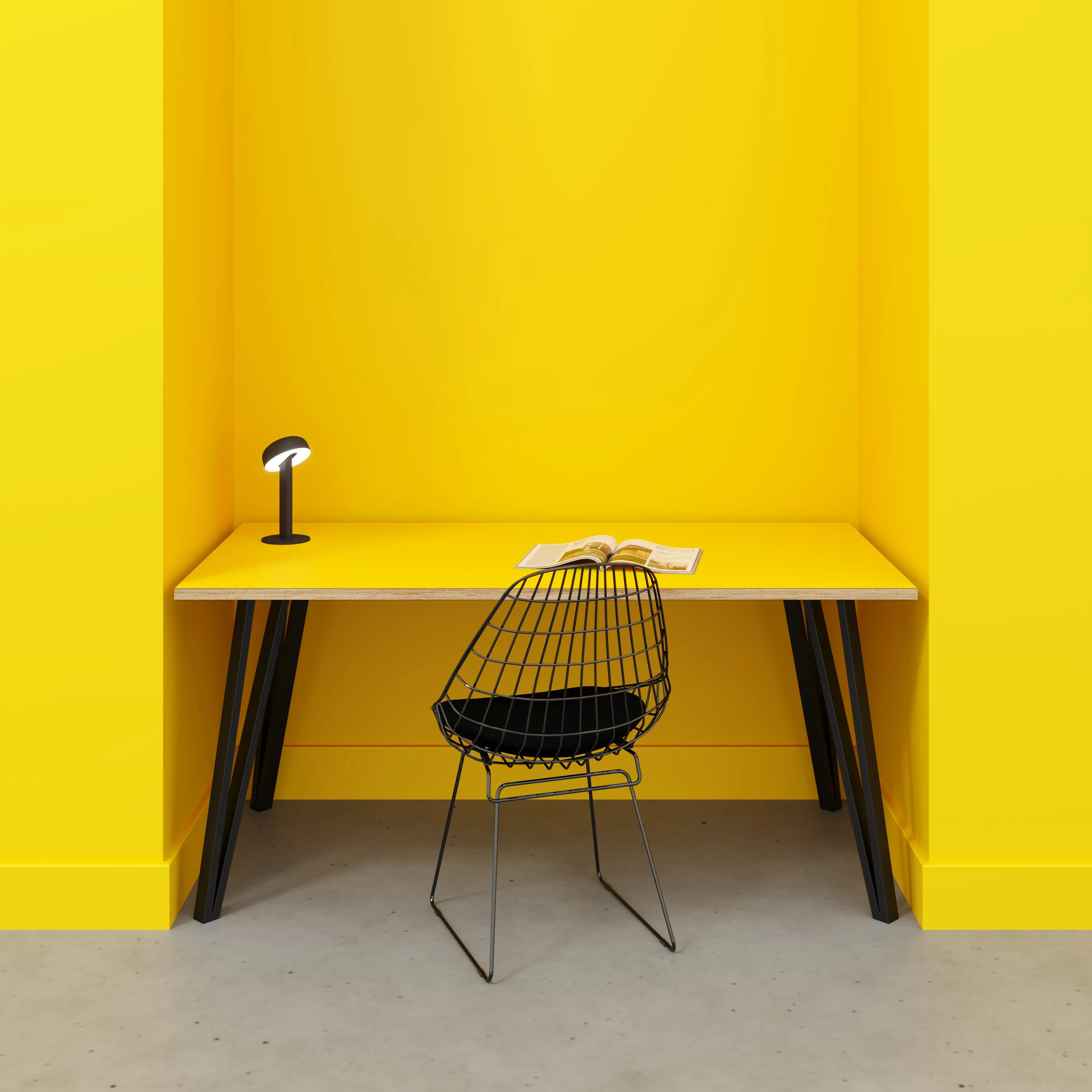 Plywood Desk with Black Box Hairpin Legs - Formica Chrome Yellow - 1600(w) x 800(d) x 735(h)