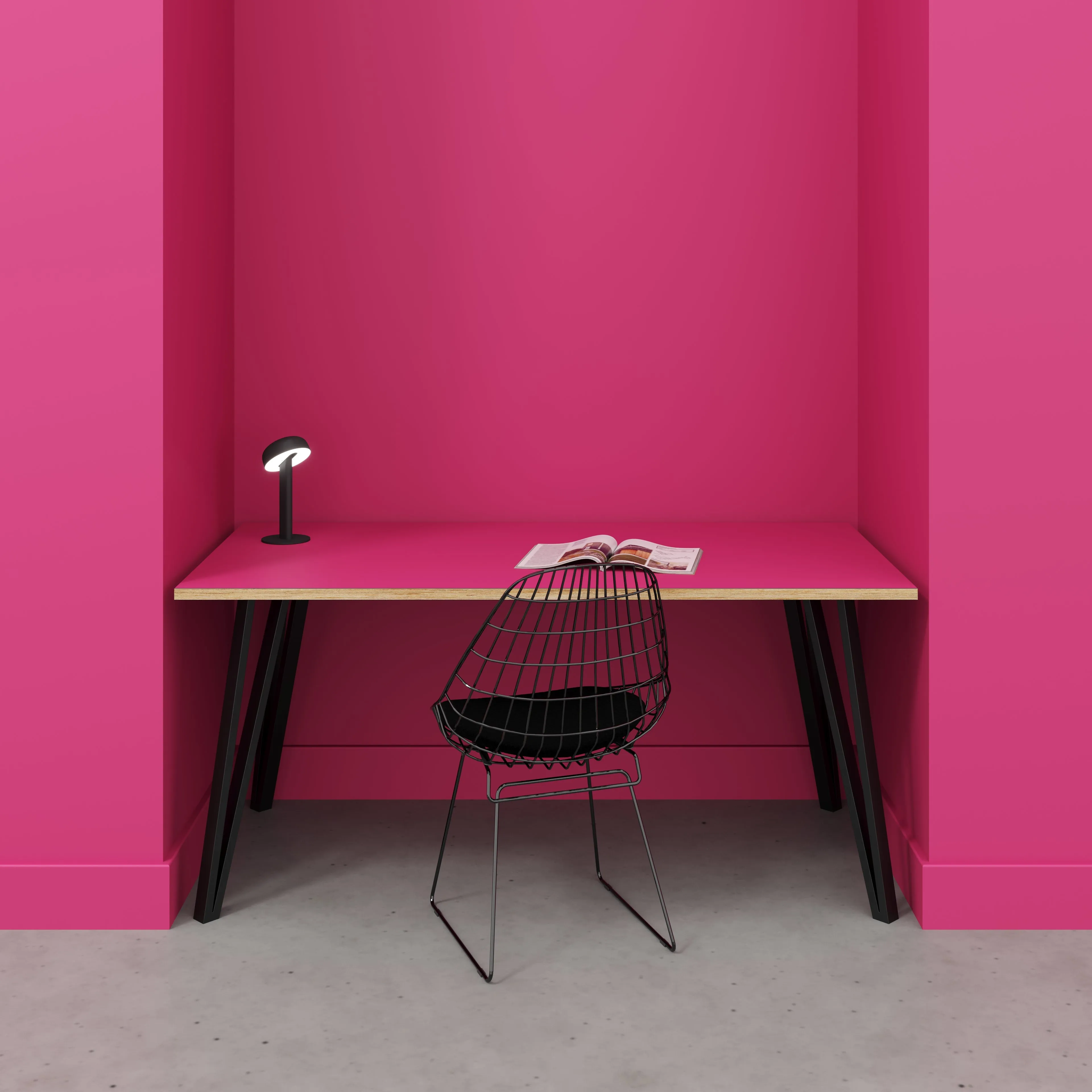 Plywood Desk with Black Box Hairpin Legs - Formica Juicy Pink - 1600(w) x 800(d) x 735(h)