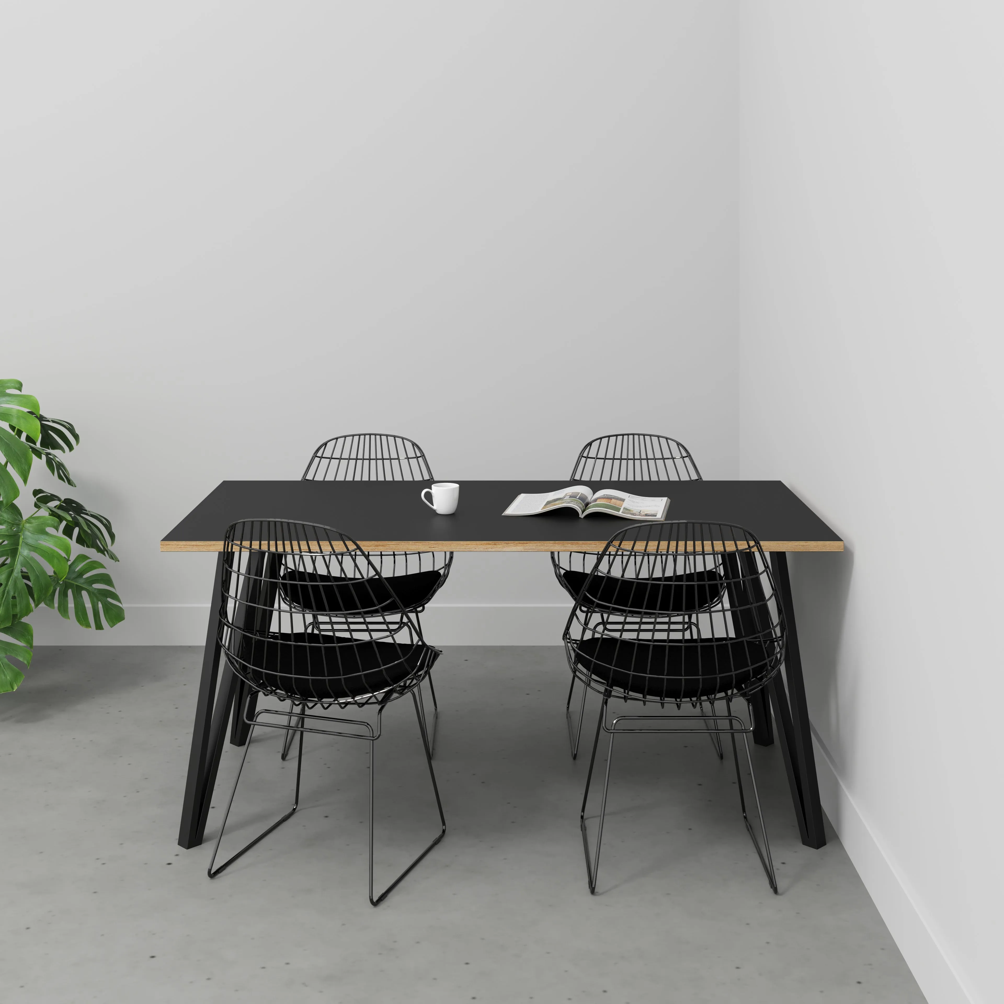 Plywood Table with Black Box Hairpin Legs - Formica Diamond Black - 1600(w) x 800(d) x 735(h)