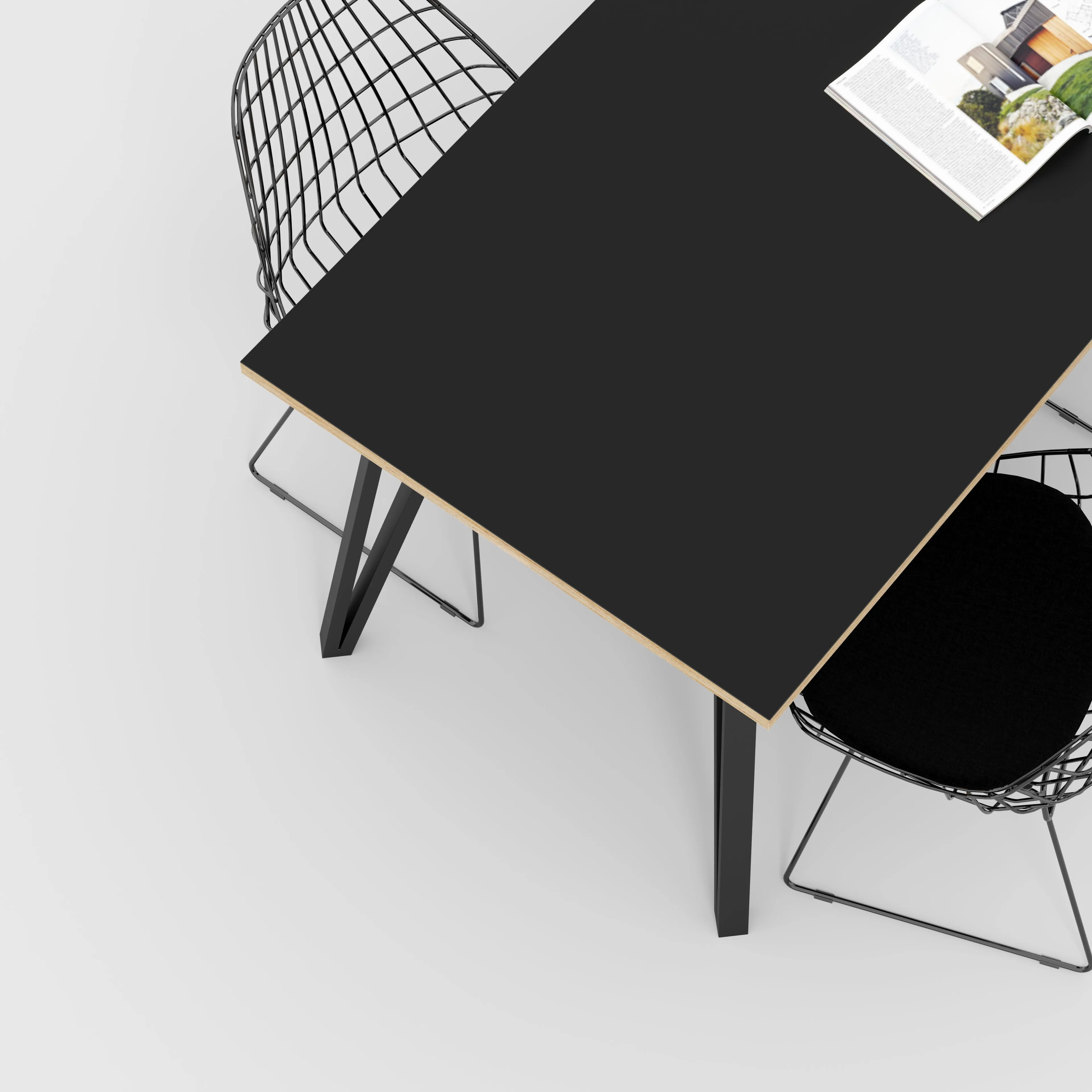 Plywood Table with Black Box Hairpin Legs - Formica Diamond Black - 1600(w) x 800(d) x 735(h)