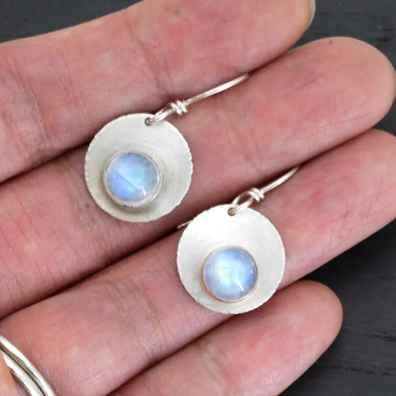 Rainbow Moonstone Circle Dangle Earrings