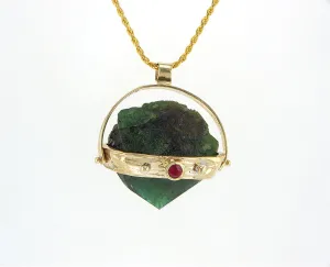 Raw Emerald 14K gold necklace set with Ruby