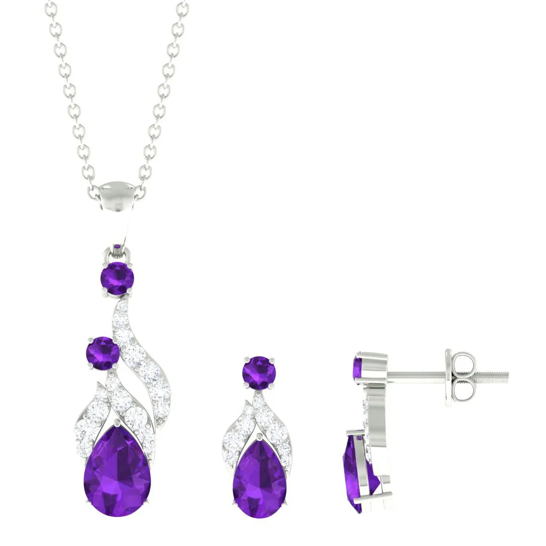 Real Amethyst and Diamond Bridal Dangle Pendant Earrings Set