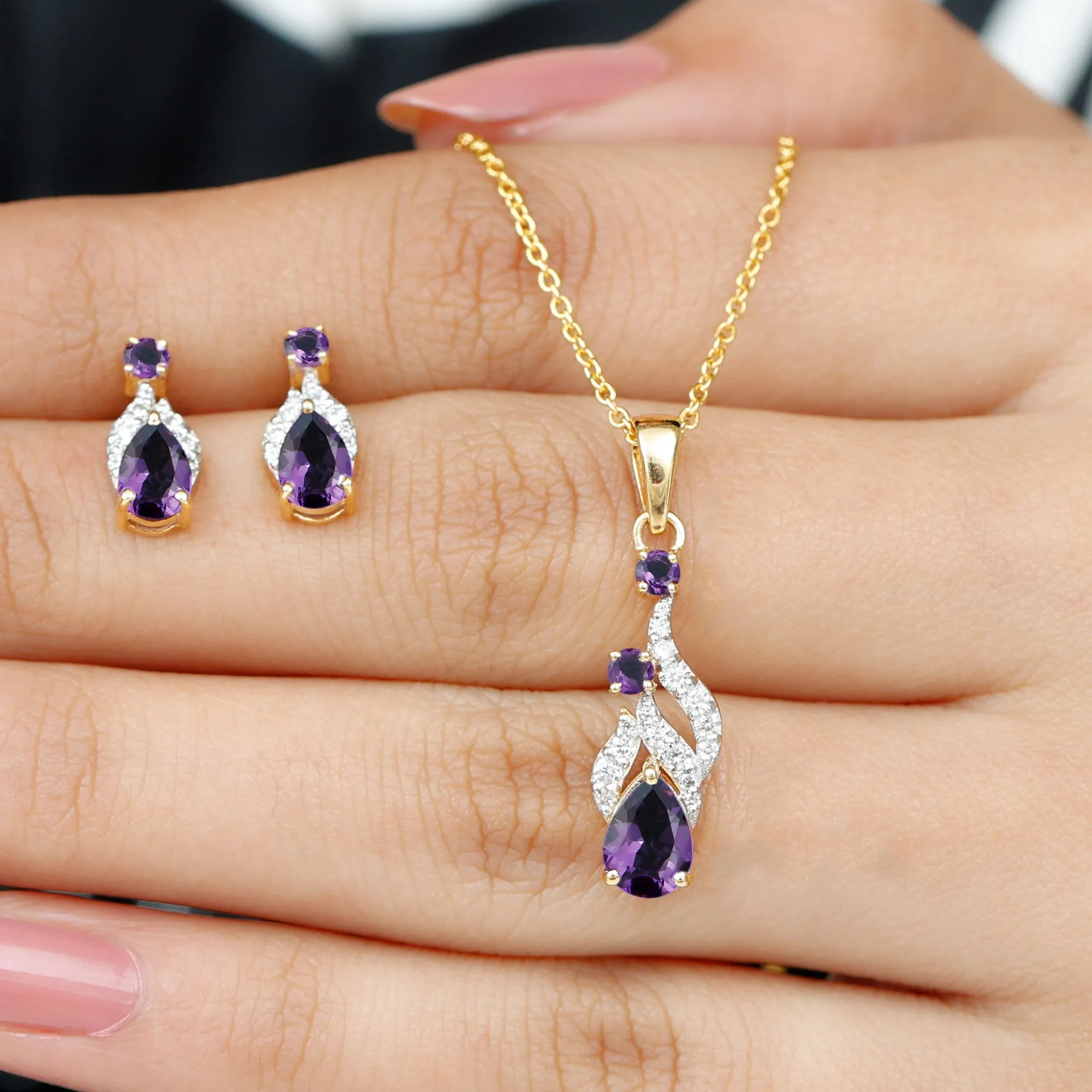 Real Amethyst and Diamond Bridal Dangle Pendant Earrings Set