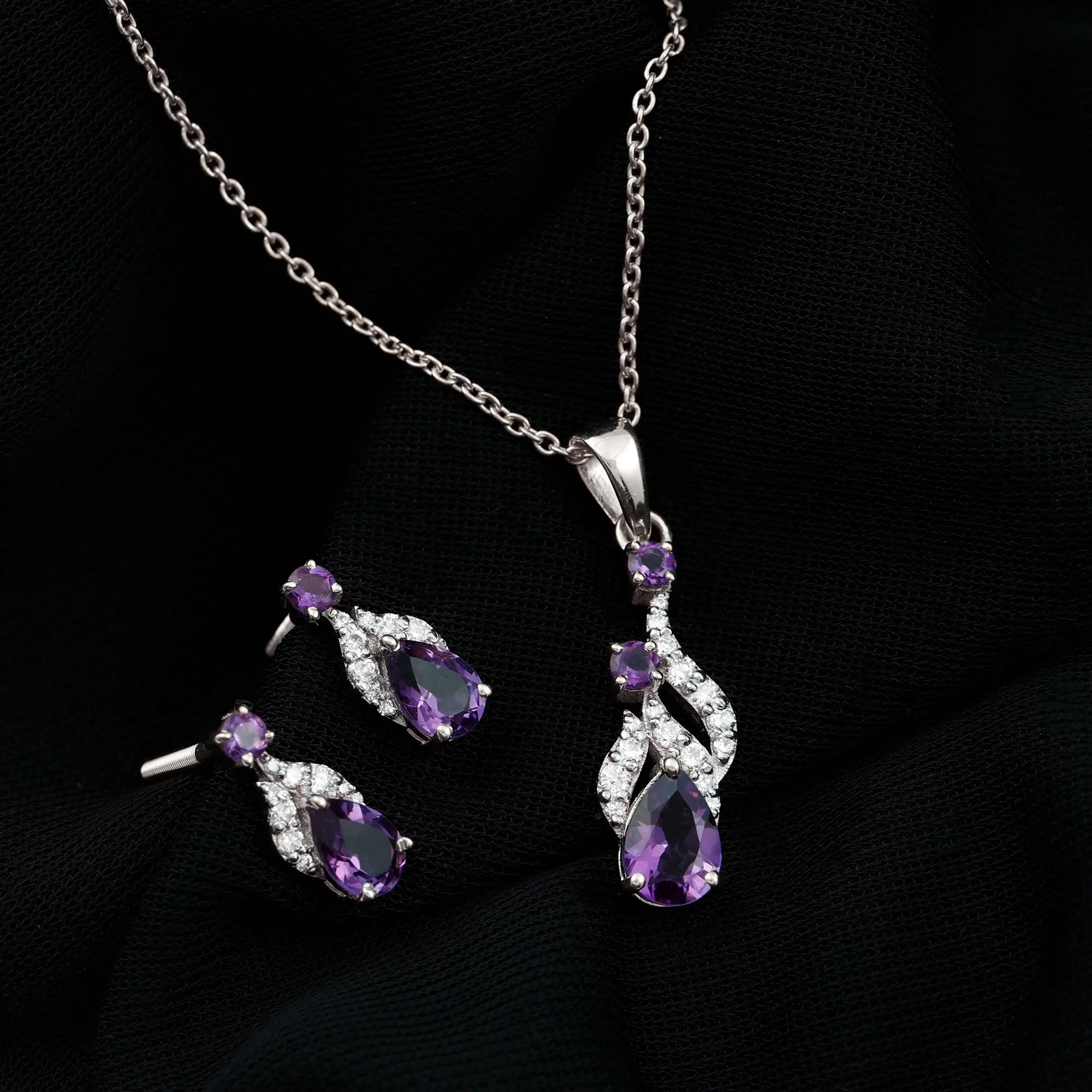 Real Amethyst and Diamond Bridal Dangle Pendant Earrings Set