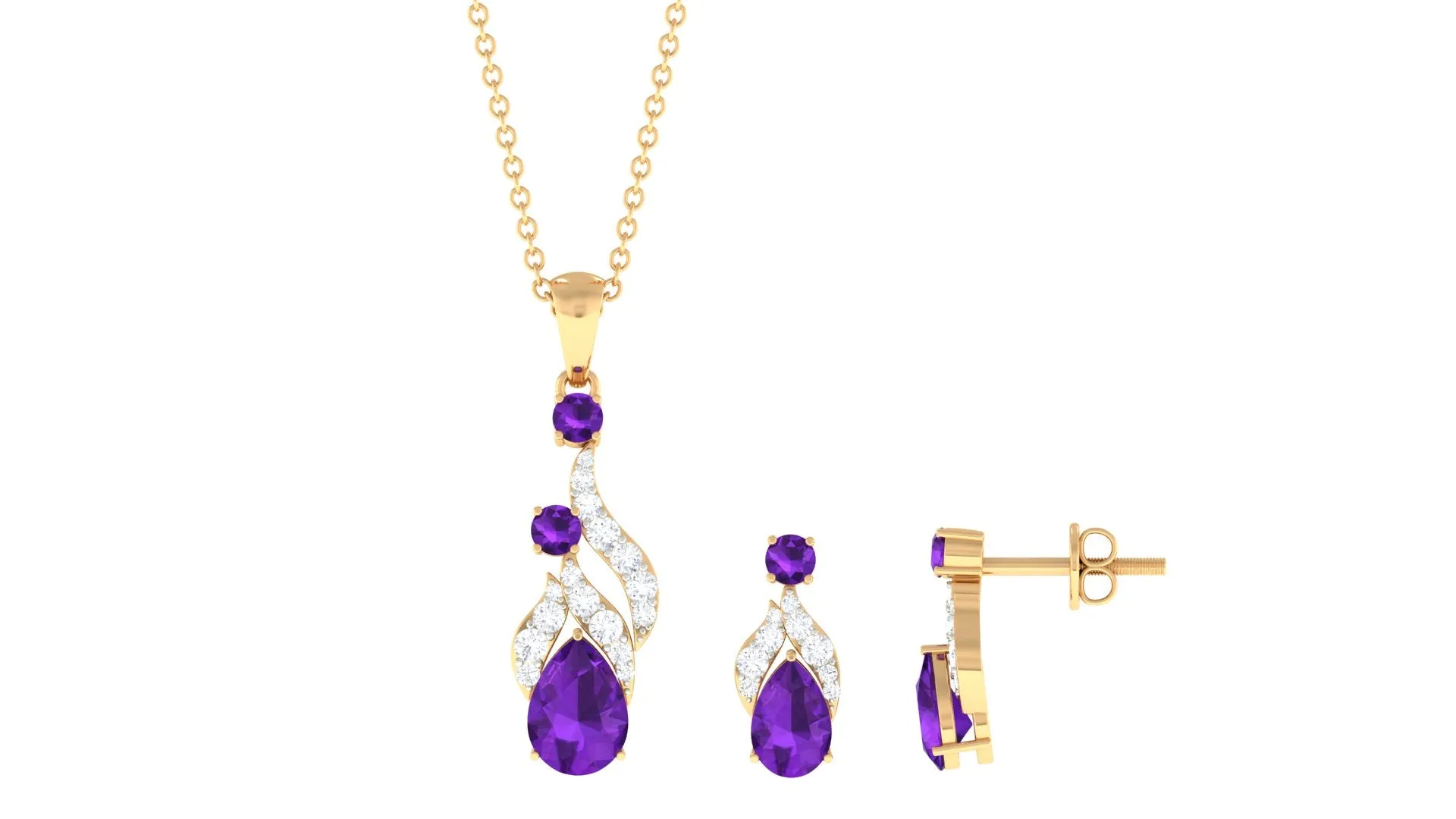 Real Amethyst and Diamond Bridal Dangle Pendant Earrings Set