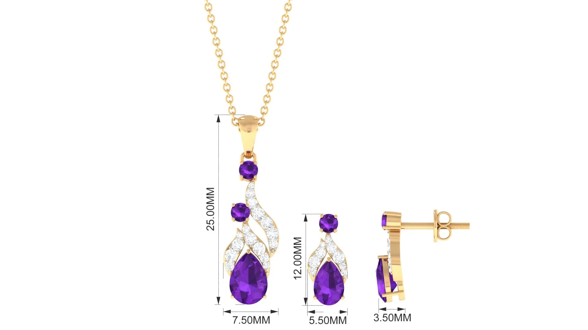 Real Amethyst and Diamond Bridal Dangle Pendant Earrings Set