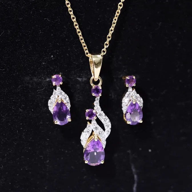 Real Amethyst and Diamond Bridal Dangle Pendant Earrings Set