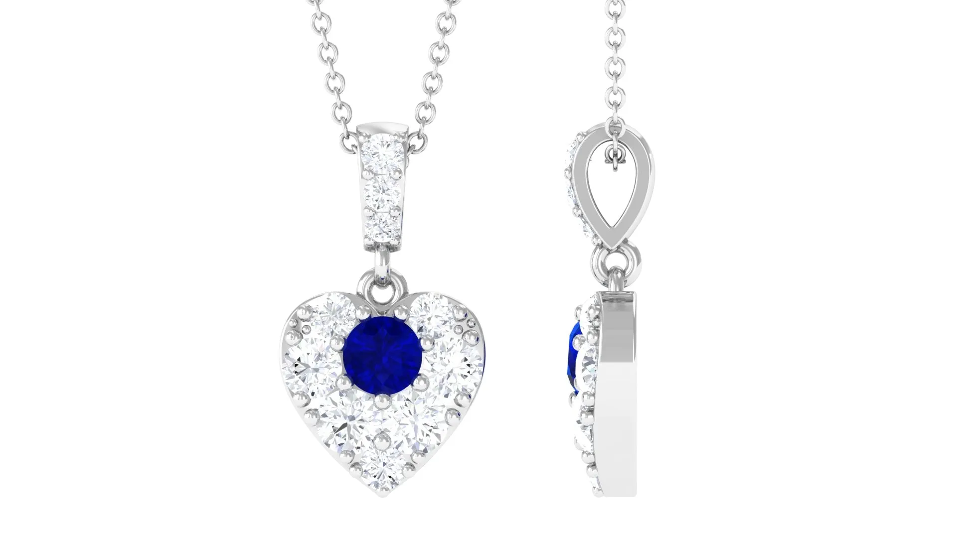 Round Created Blue Sapphire and Moissanite Heart Pendant with Decorative Bail