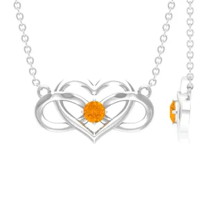 Round Shape Orange Sapphire and Gold Infinity Heart Necklace in Prong Setting