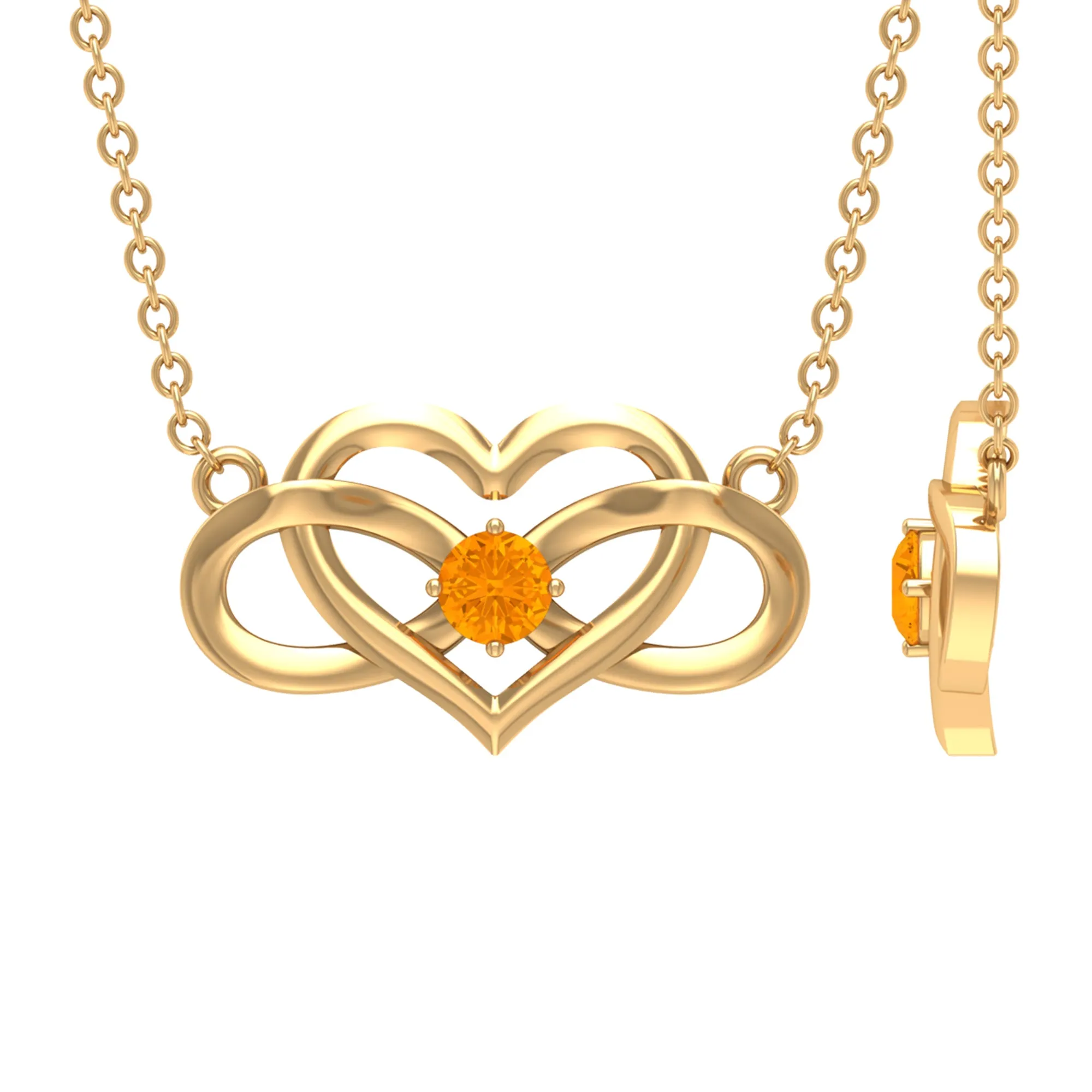 Round Shape Orange Sapphire and Gold Infinity Heart Necklace in Prong Setting