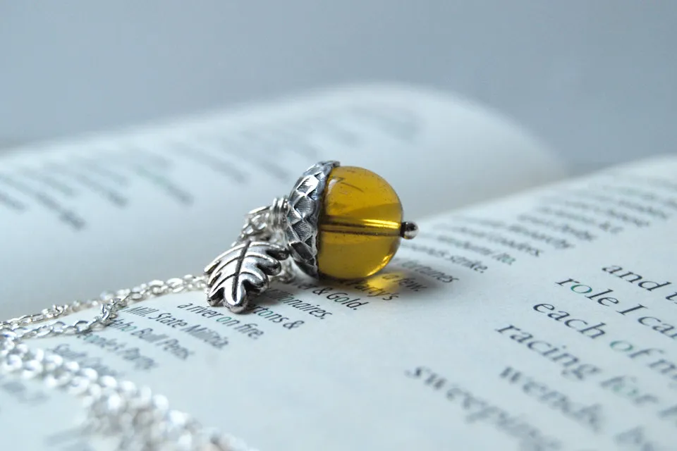 SALE- Amber Glass Acorn Necklace | Cute Fall Acorn Charm Necklace | Woodland Nature Jewelry