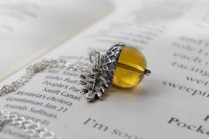 SALE- Amber Glass Acorn Necklace | Cute Fall Acorn Charm Necklace | Woodland Nature Jewelry