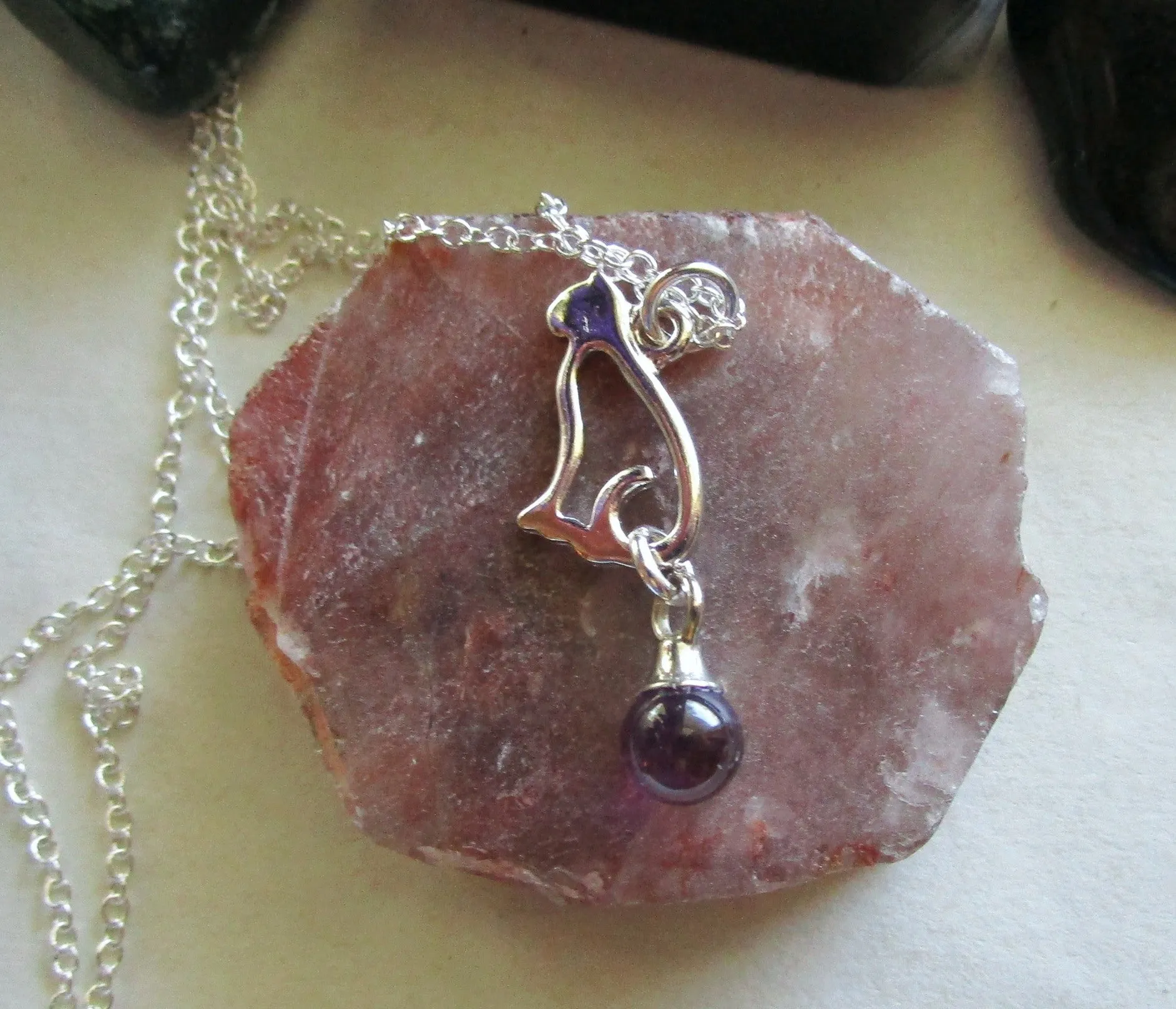 Silver Cat Purple Amethyst Crystal Ball Pendant Necklace