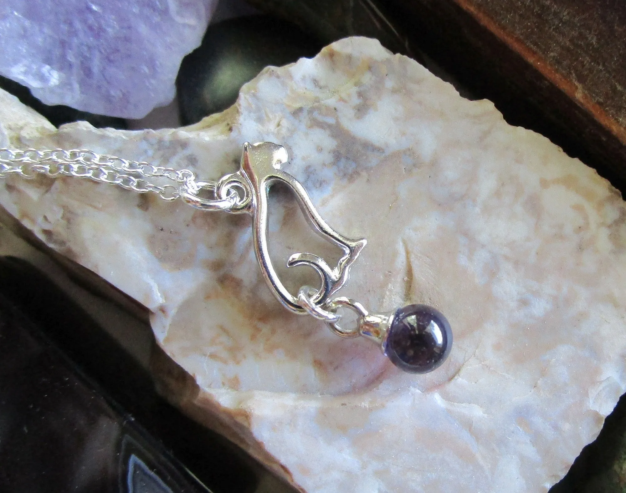 Silver Cat Purple Amethyst Crystal Ball Pendant Necklace