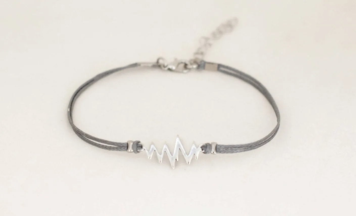 Silver Heartbeat women's bracelet, gray strings, adjustable, mothers day gift for her