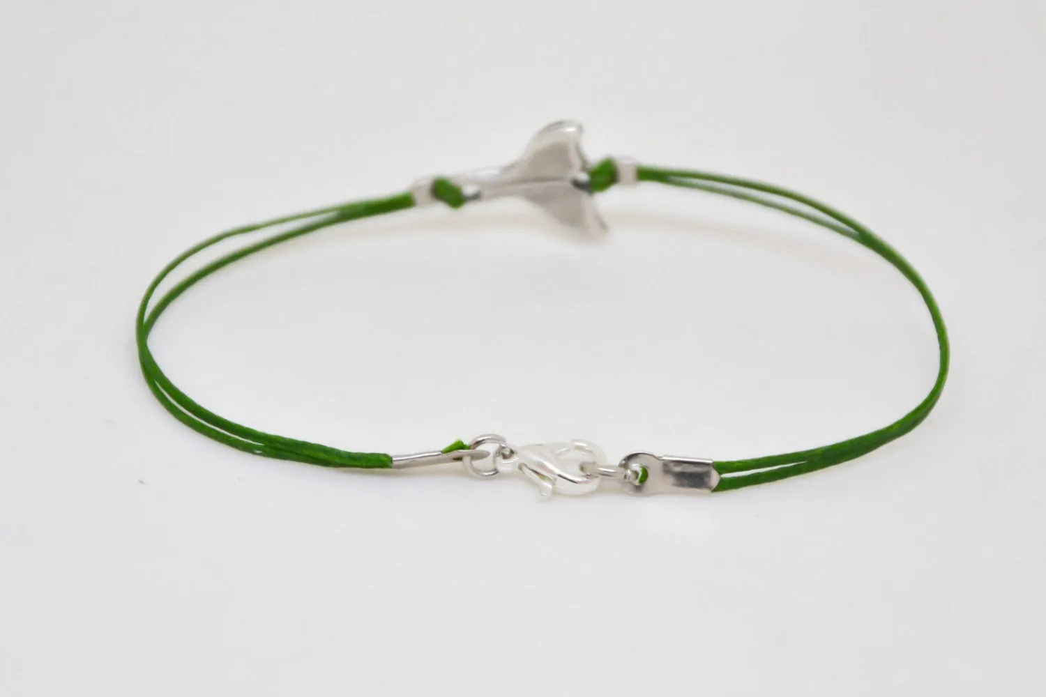 Silver whale tail charm bracelet, green cord, stocking stuffer