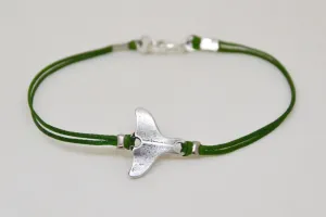 Silver whale tail charm bracelet, green cord, stocking stuffer