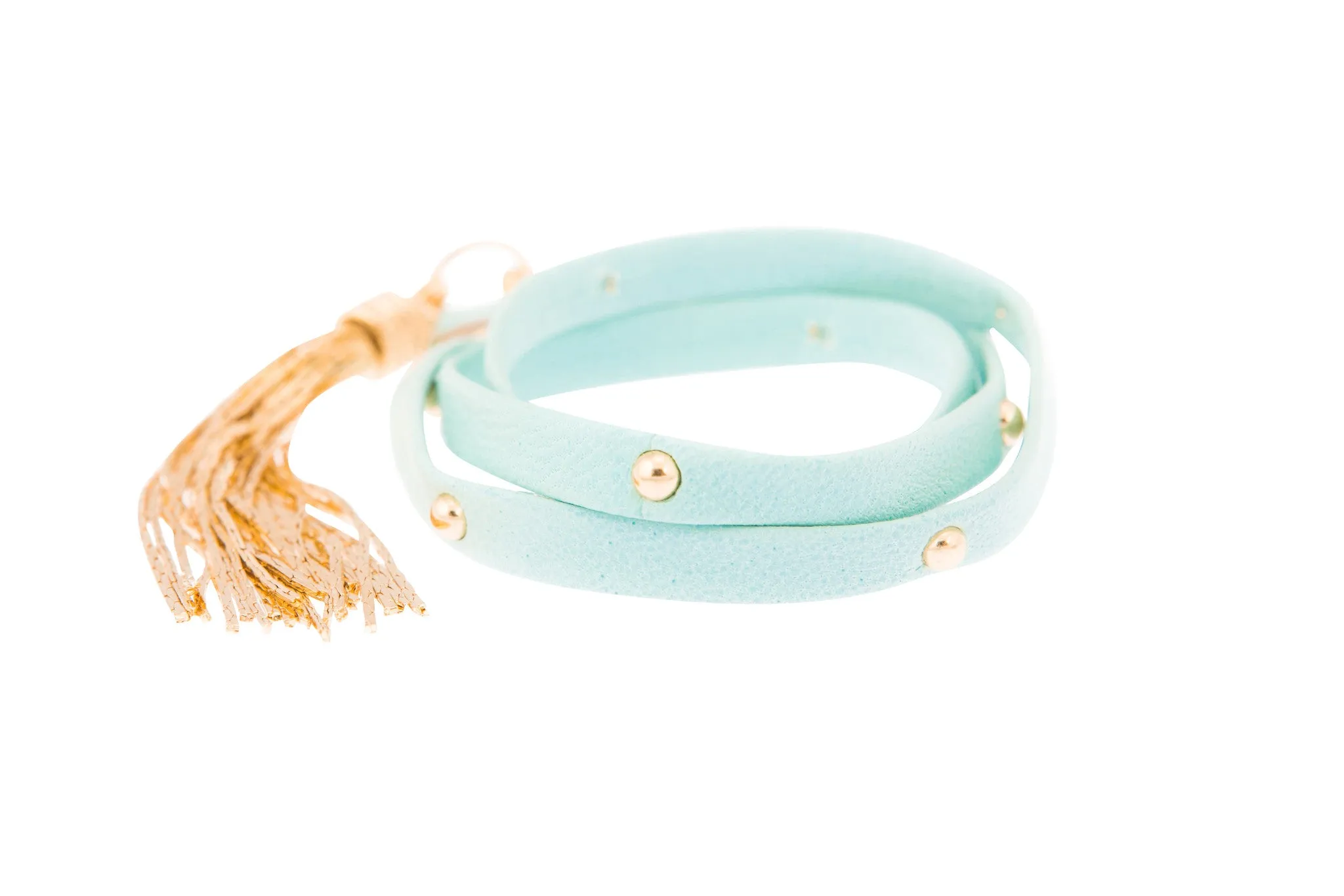 Sky Blue Leather Studded Triple Wrap Tassel Bracelet