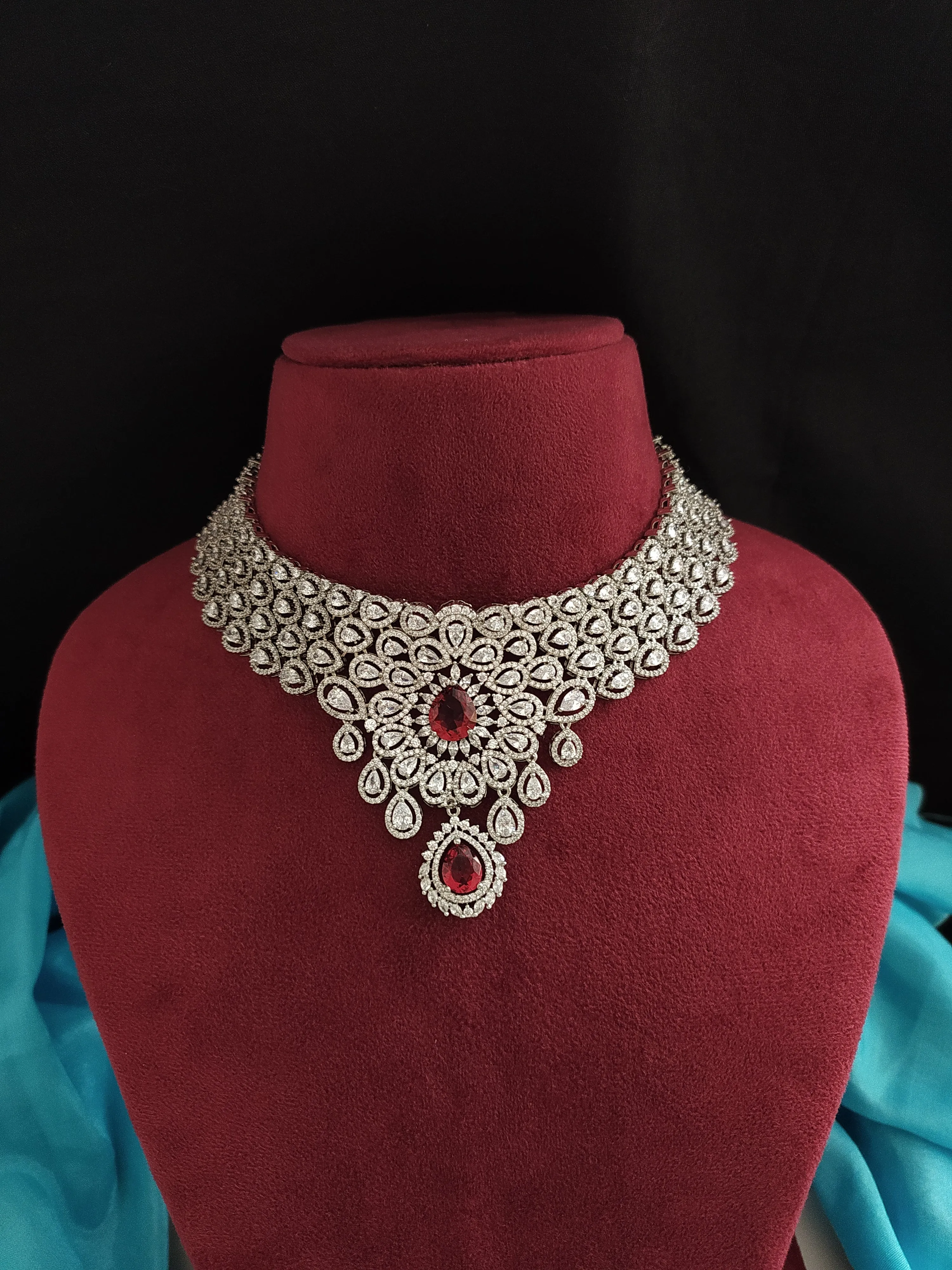 Splendid Zircon Stones Choker Set In Hydro Ruby Colour