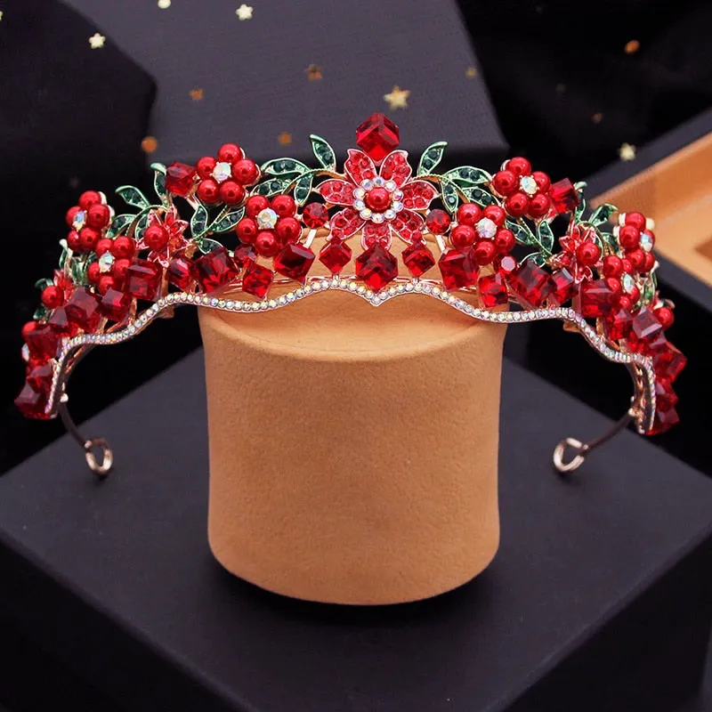 Square Pearl Crystal Flower Tiara Crowns Birthday Party Hair Jewelry