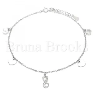 Sterling Silver 03.336.0047.10 Charm Anklet , Infinite and Heart Design, with White Micro Pave and White Cubic Zirconia, Polished Finish, Rhodium Tone