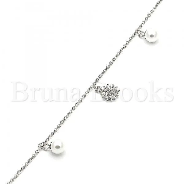 Sterling Silver 03.336.0052.10 Charm Anklet , with White Cubic Zirconia and Ivory Pearl, Polished Finish, Rhodium Tone