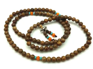 Striped Coconut Wood  and Amber 108 Bead Mala Necklace