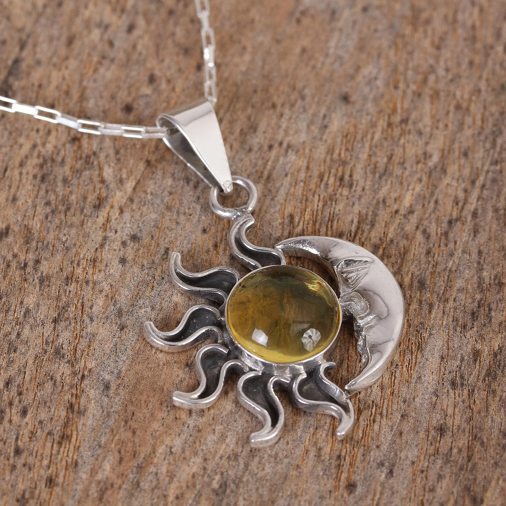 Sun and Moon Amber Pendant Necklace from Mexico - Honey Eclipse | NOVICA