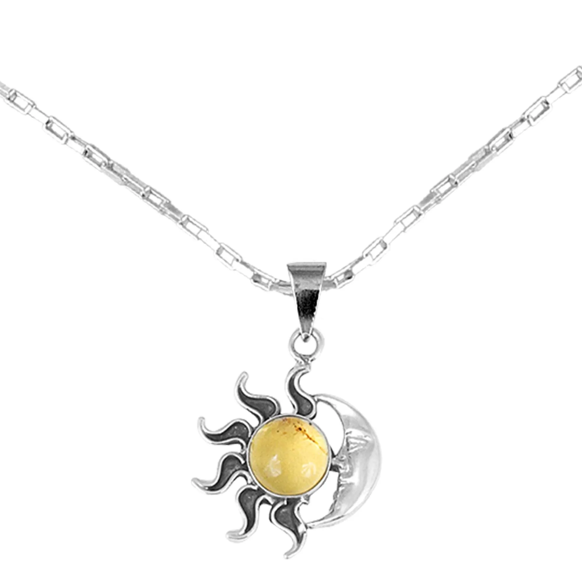 Sun and Moon Amber Pendant Necklace from Mexico - Honey Eclipse | NOVICA