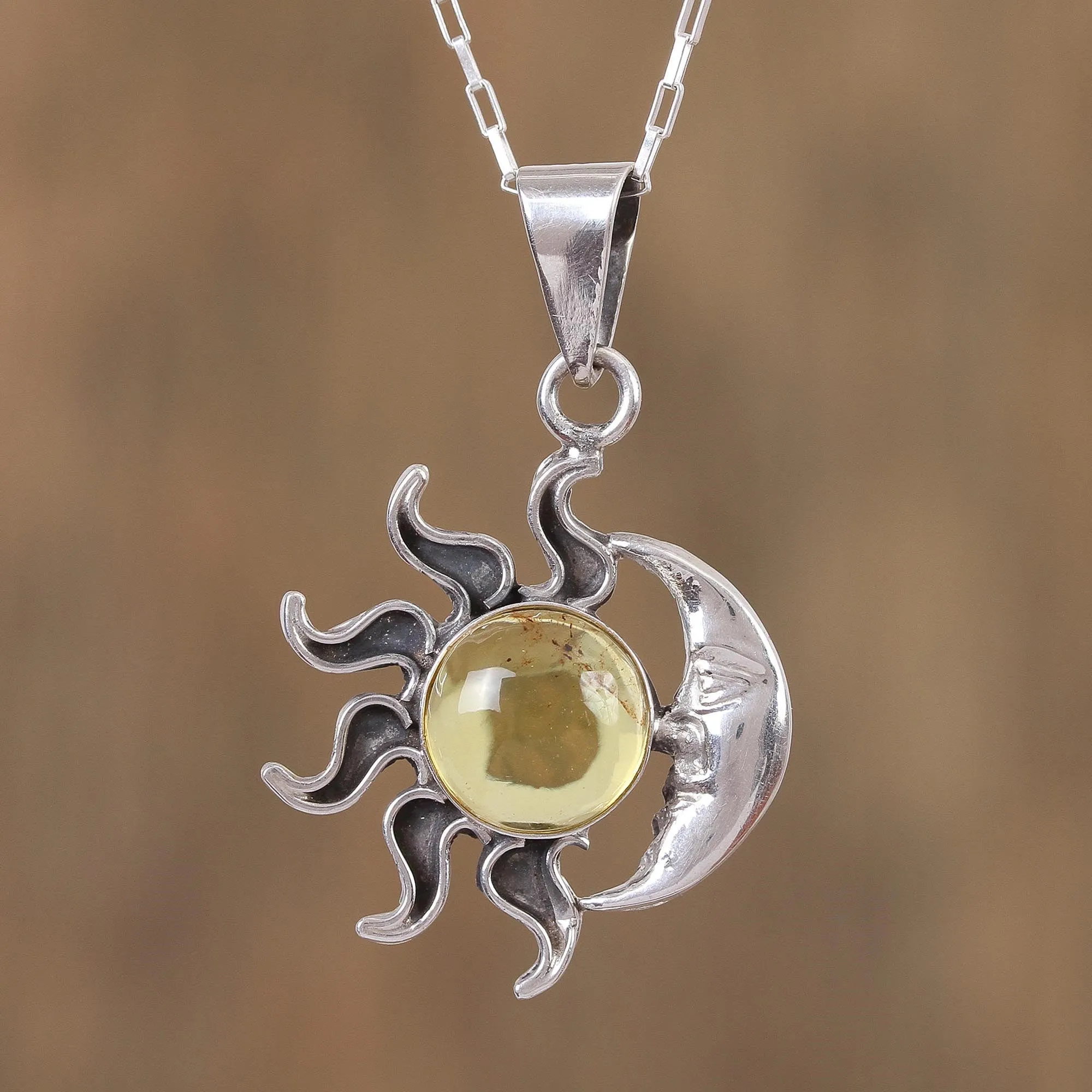 Sun and Moon Amber Pendant Necklace from Mexico - Honey Eclipse | NOVICA