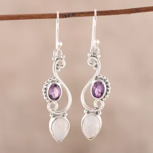 Swirl Motif Rainbow Moonstone and Amethyst Dangle Earrings - Mystical Swirl | NOVICA