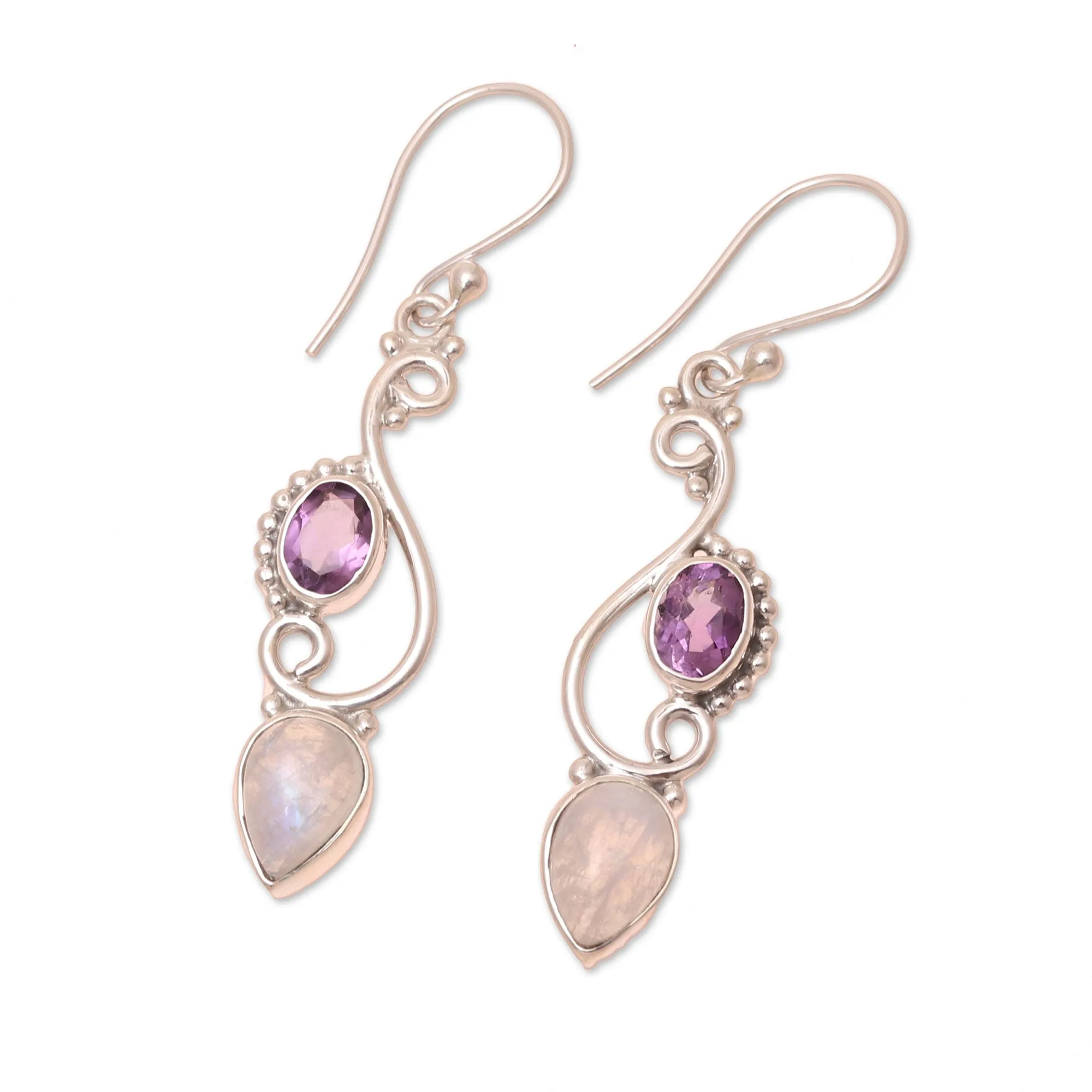 Swirl Motif Rainbow Moonstone and Amethyst Dangle Earrings - Mystical Swirl | NOVICA