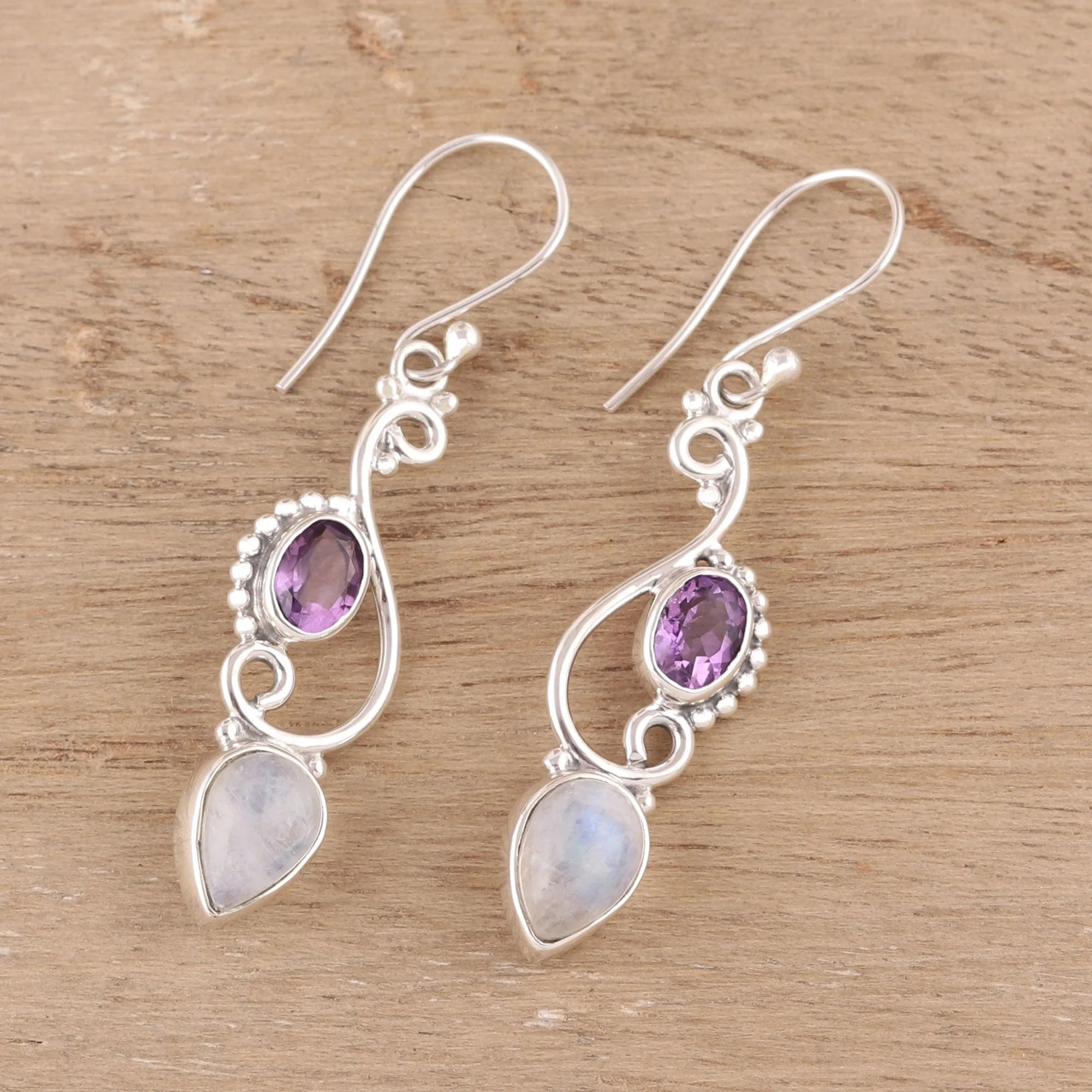 Swirl Motif Rainbow Moonstone and Amethyst Dangle Earrings - Mystical Swirl | NOVICA