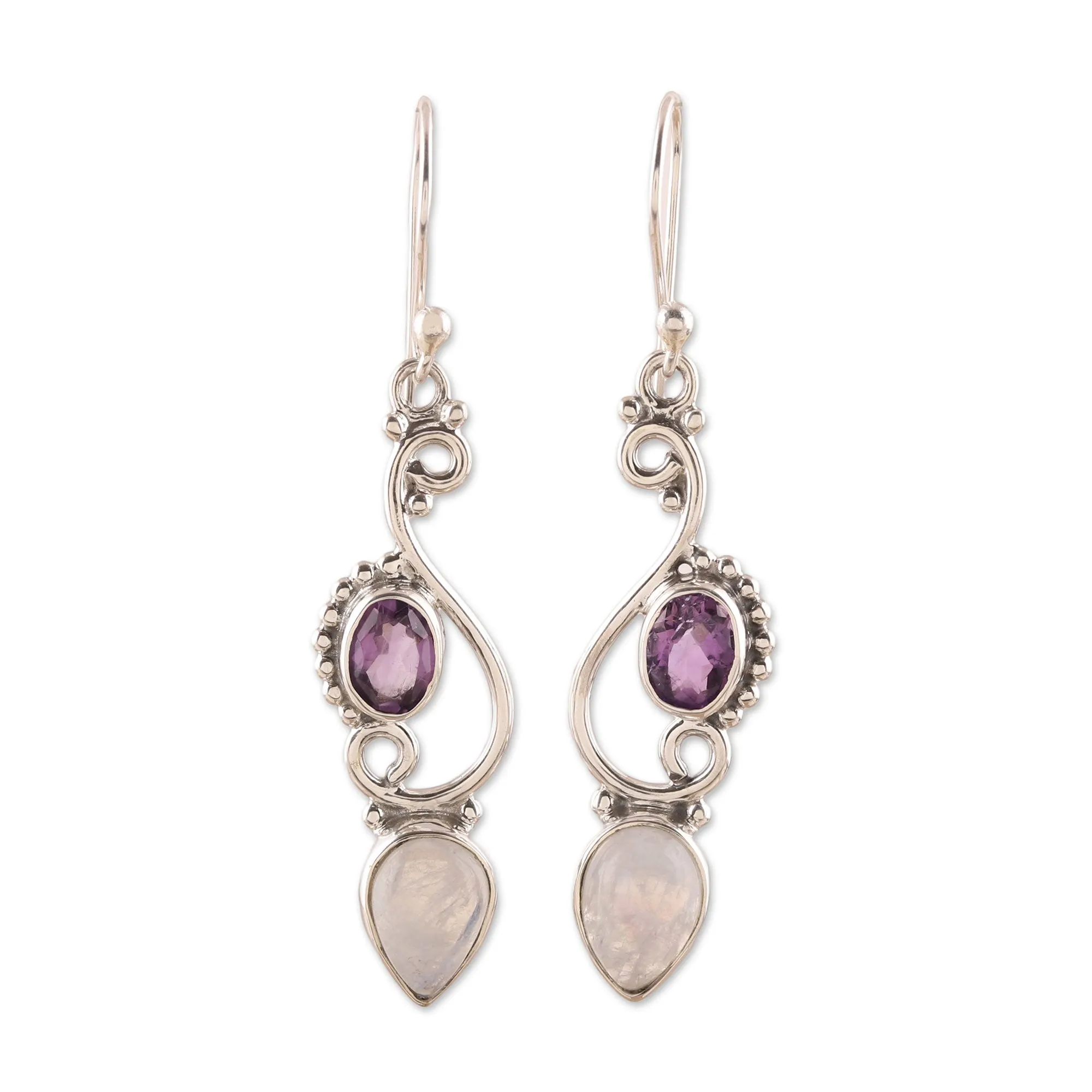 Swirl Motif Rainbow Moonstone and Amethyst Dangle Earrings - Mystical Swirl | NOVICA