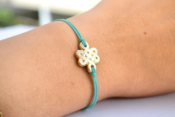 Turquoise cord bracelet with gold endless knot charm