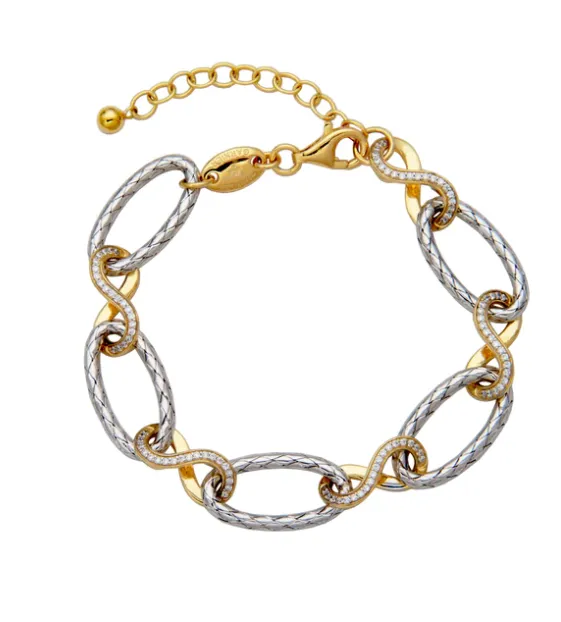 Two Tone Sterling Silver Mesh Link & CZ Chain Bracelet (SI5301)