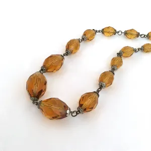 Vintage 30s Necklace | 1930s Czechoslovakian Amber Glass Faceted Beads | Czech Crystal & Brass | 20s 1920's Cocktail Jewelry Art Deco Gatsby