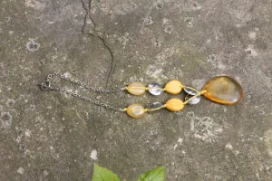 Vintage Amber Necklace with Teardrop Pendant and Yellow and Silver Beads. Boho Chic Jewelry. Hippie Accessory