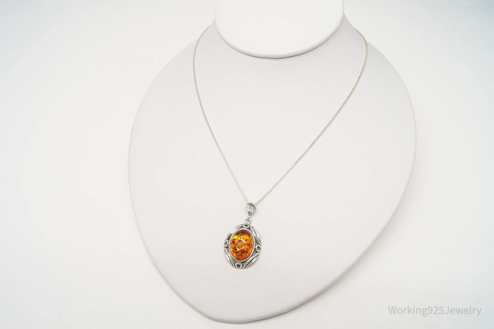 Vintage Large Amber Sterling Silver Chain Necklace 18"